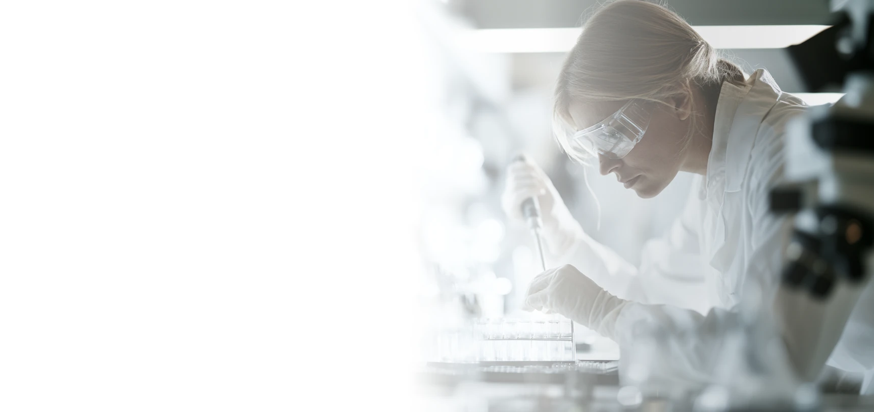 A researcher pipetting samples at a laboratory bench.