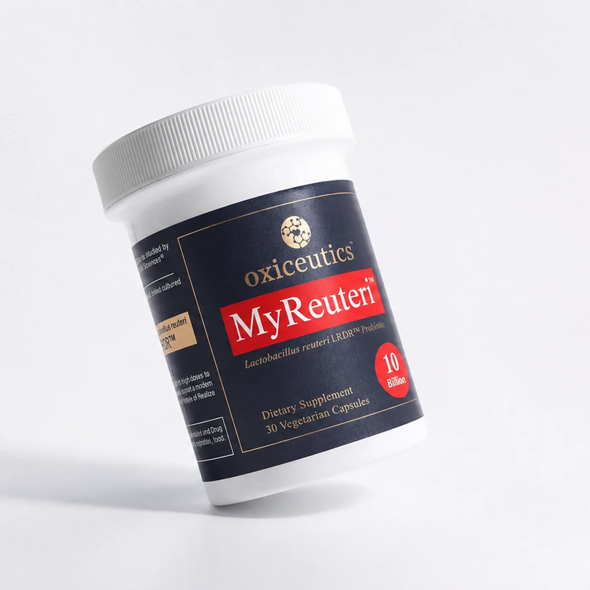 Oxiceutics MyReuteri Lactobacillus reuteri probiotic bottle.