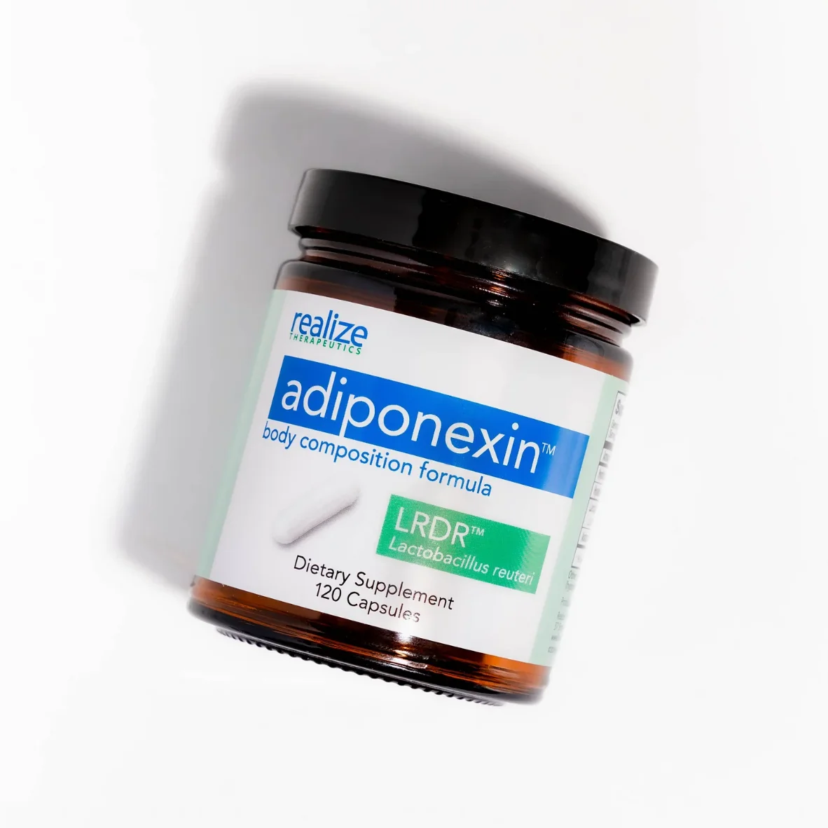 A Realize Therapeutics adiponexin supplement jar.